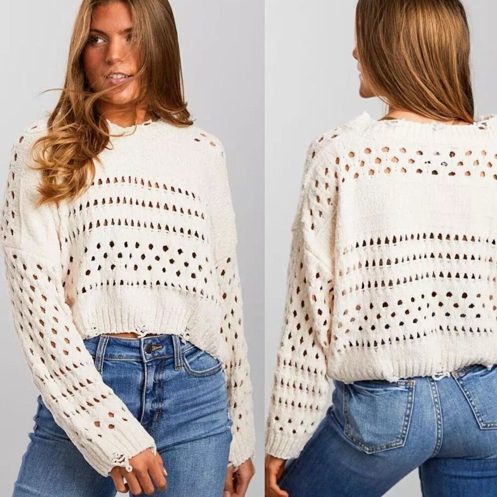 Angie Holey Knit Cropped Chenille‎ Sweater Small